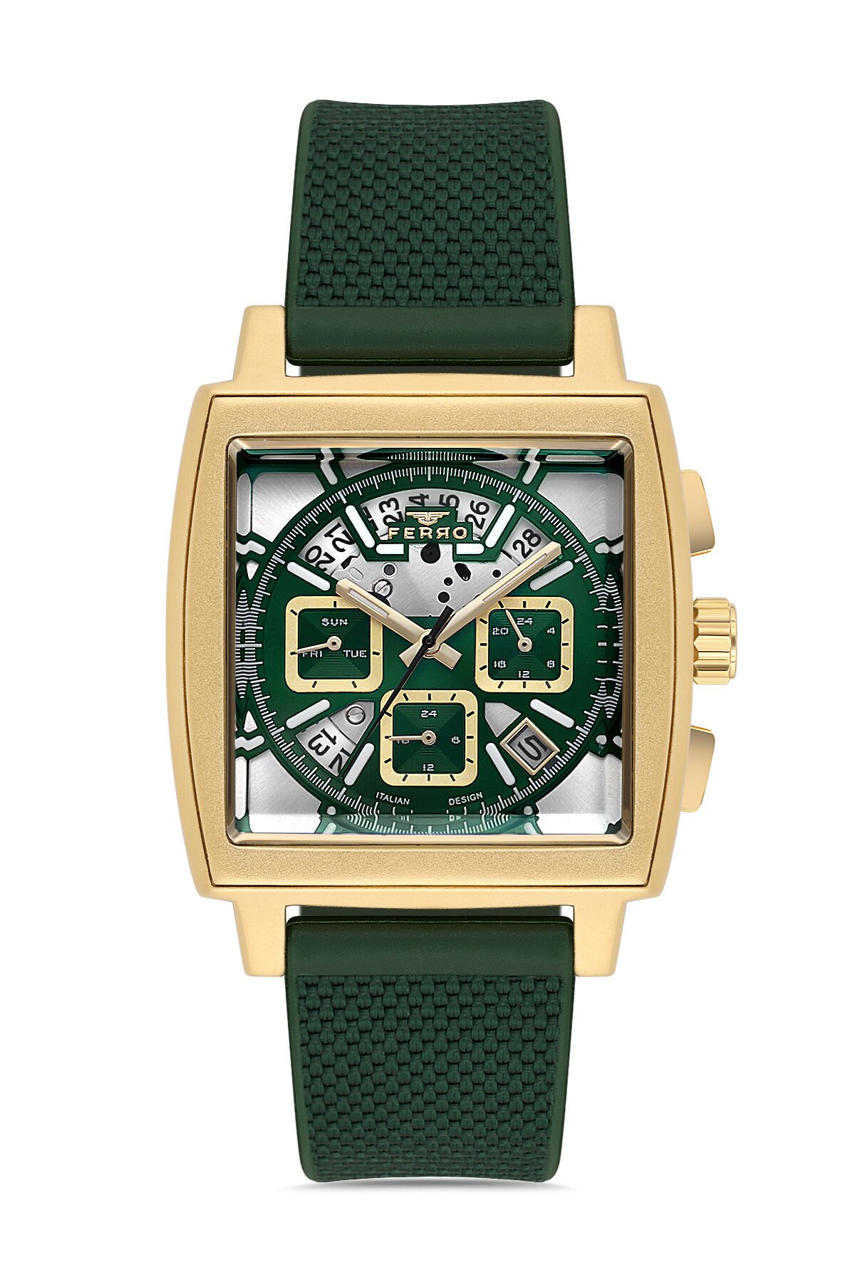 Ferro Yeşil Silikon Kordon Erkek Kol Saati FM11553DWT-ZR6 Fonksiyonları Aktif 3 ATM Su Geçirmez