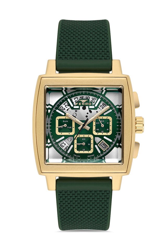 Ferro Yeşil Silikon Kordon Erkek Kol Saati FM11553D-ZR6 Fonksiyonları Aktif 3 ATM Su Geçirmez