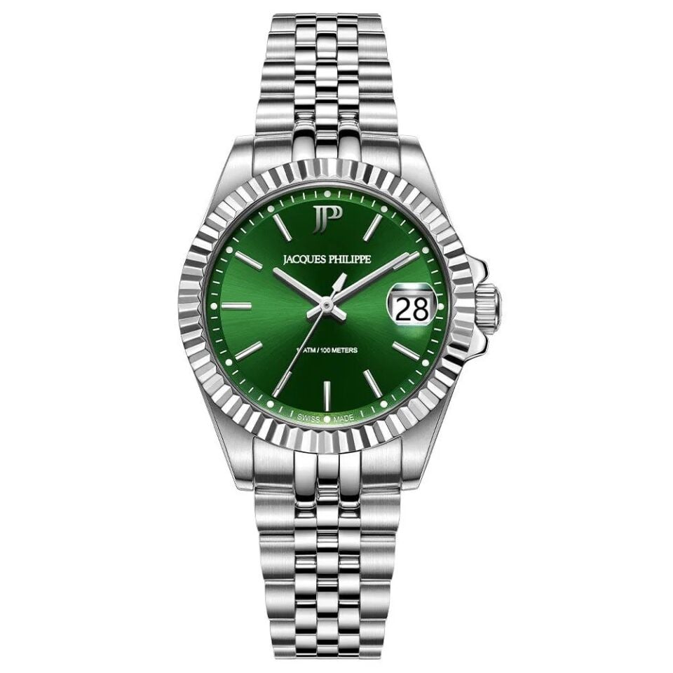 Jacques Philippe JPQLS5813X6 Swiss Made Quartz Çelik Gri Yeşil Kadran 10 ATM 32 mm Kadın Kol Saati