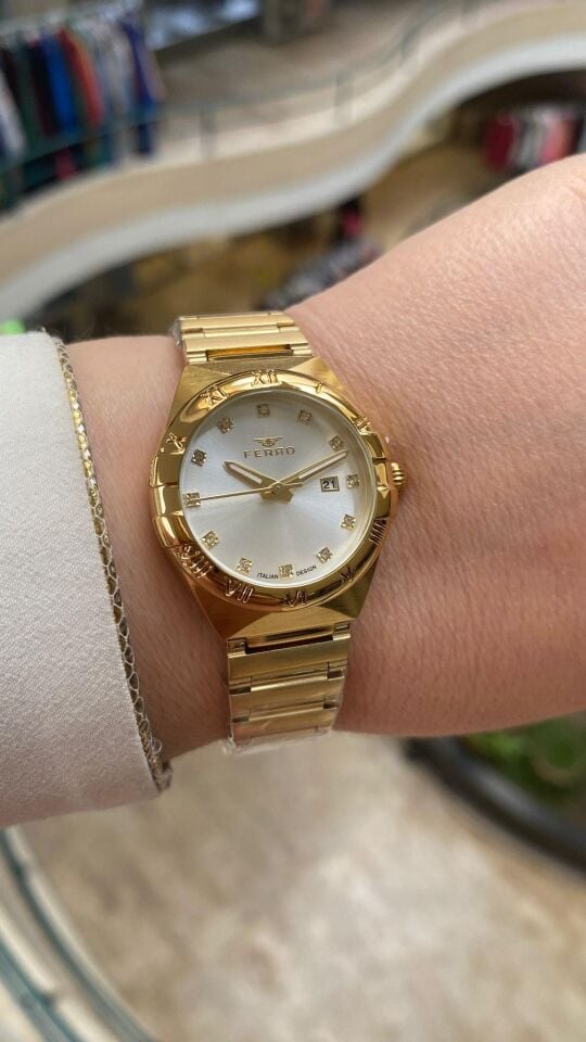 Ferro Quartz Çelik Altın Rengi 32 mm Kelebek Kilitli Kadın Kol Saati