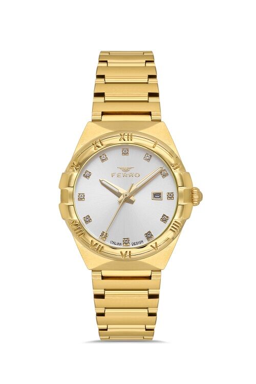 Ferro Quartz Çelik Altın Rengi 32 mm Kelebek Kilitli Kadın Kol Saati