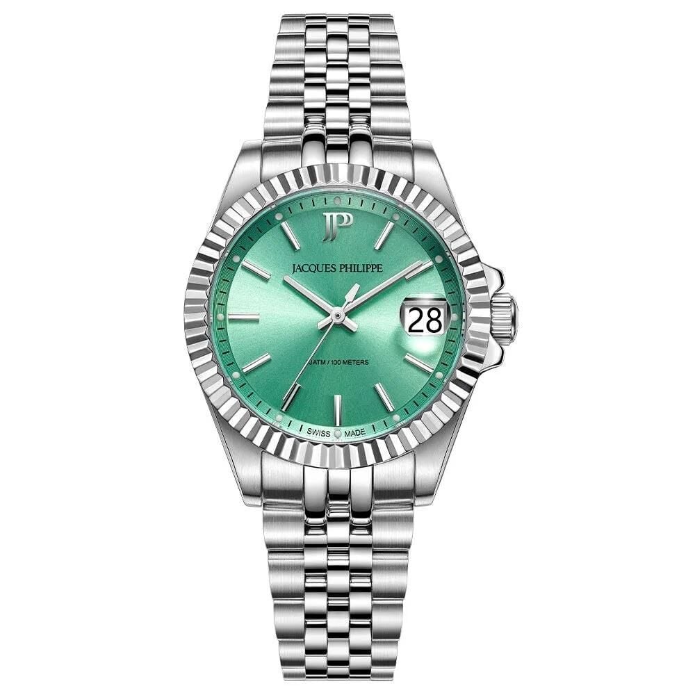 Jacques Philippe JPQLS5813X6LG Swiss Made Quartz Çelik Gri Yeşil Kadran Safir Cam 10 ATM 32 mm Kadın Kol Saati