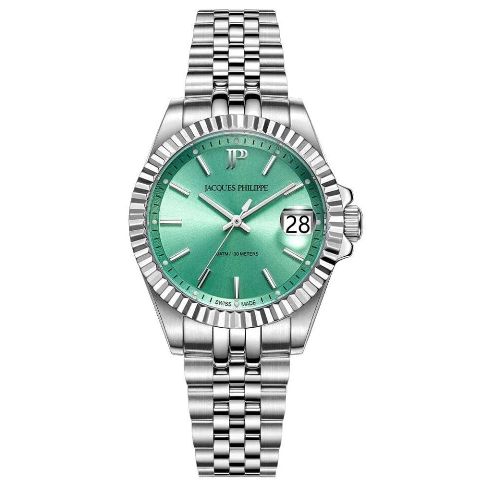 Jacques Philippe JPQLS5813X6LG Swiss Made Quartz Çelik Gri Yeşil Kadran Safir Cam 10 ATM 32 mm Kadın Kol Saati