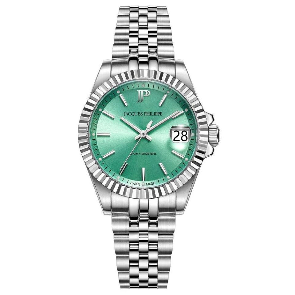 Jacques Philippe JPQLS5813X6LG Swiss Made Quartz Çelik Gri Yeşil Kadran Safir Cam 10 ATM 32 mm Kadın Kol Saati