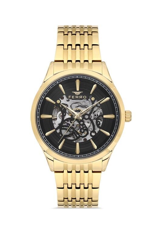 Ferro Sarı Çelik Kordon Erkek Kol Saati FM31440A-B2 Otomatik Makine 3 ATM Su Geçirmez Hediye Paketli