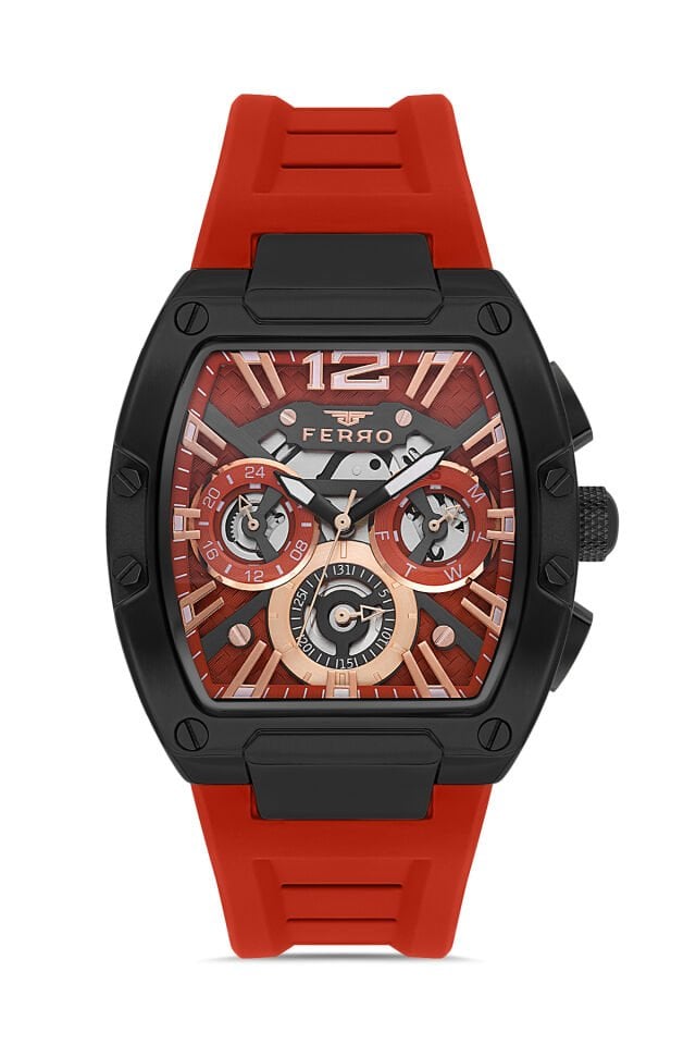Ferro Kırmızı Silikon Kordon Erkek Kol Saati FM11527DWT-ZJ8 Fonksiyonları Aktif 3ATM Su Geçirmez