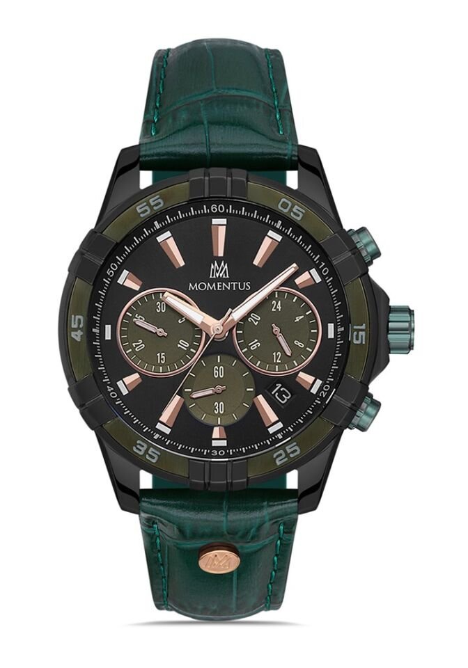 Momentus SM367B-04YS Quartz Deri Yeşil Siyah Kadran 44 mm Erkek Kol Saati