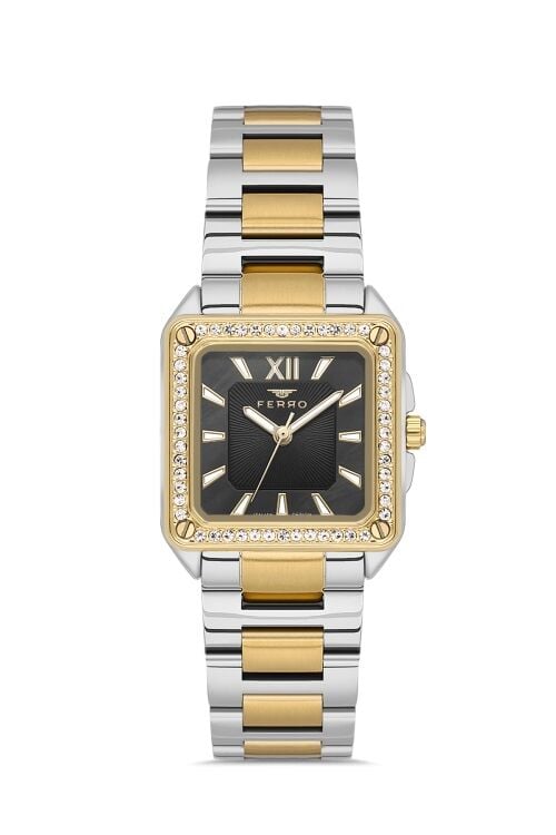 Ferro Quartz Çelik Altın/Gri Siyah Kadran 28 mm Kadın Kol Saati