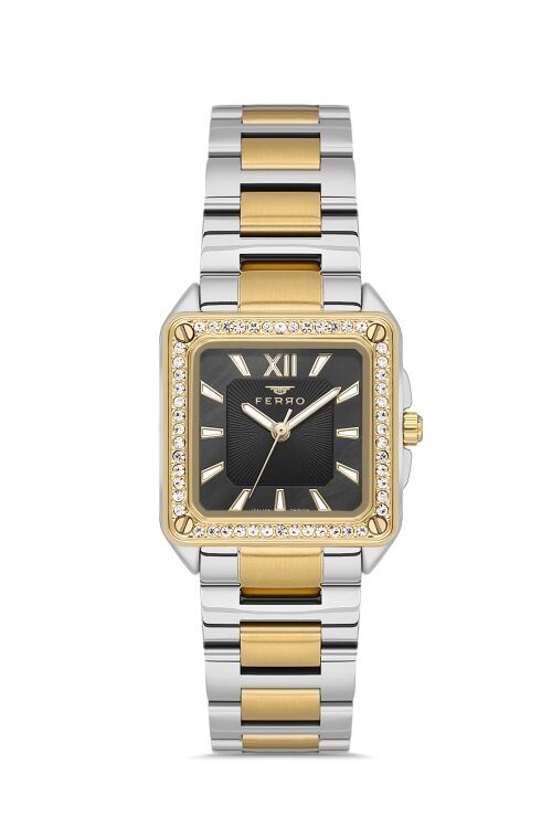Ferro Quartz Çelik Altın/Gri Siyah Kadran 28 mm Kadın Kol Saati