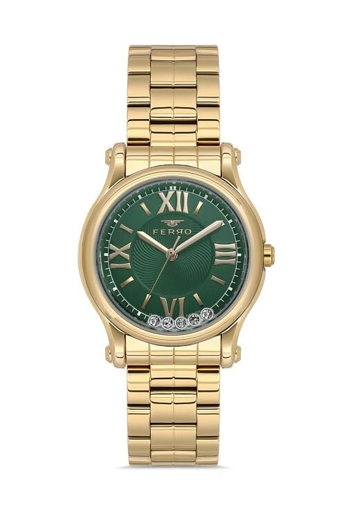 Ferro FL21478AWT-B6 Quartz Çelik Altın Rengi Yeşil Kadran 32 mm Kadın Kol Saati