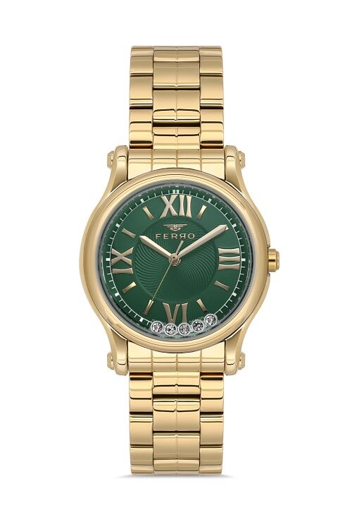 Ferro FL21478AWT-B6 Quartz Çelik Altın Rengi Yeşil Kadran 32 mm Kadın Kol Saati