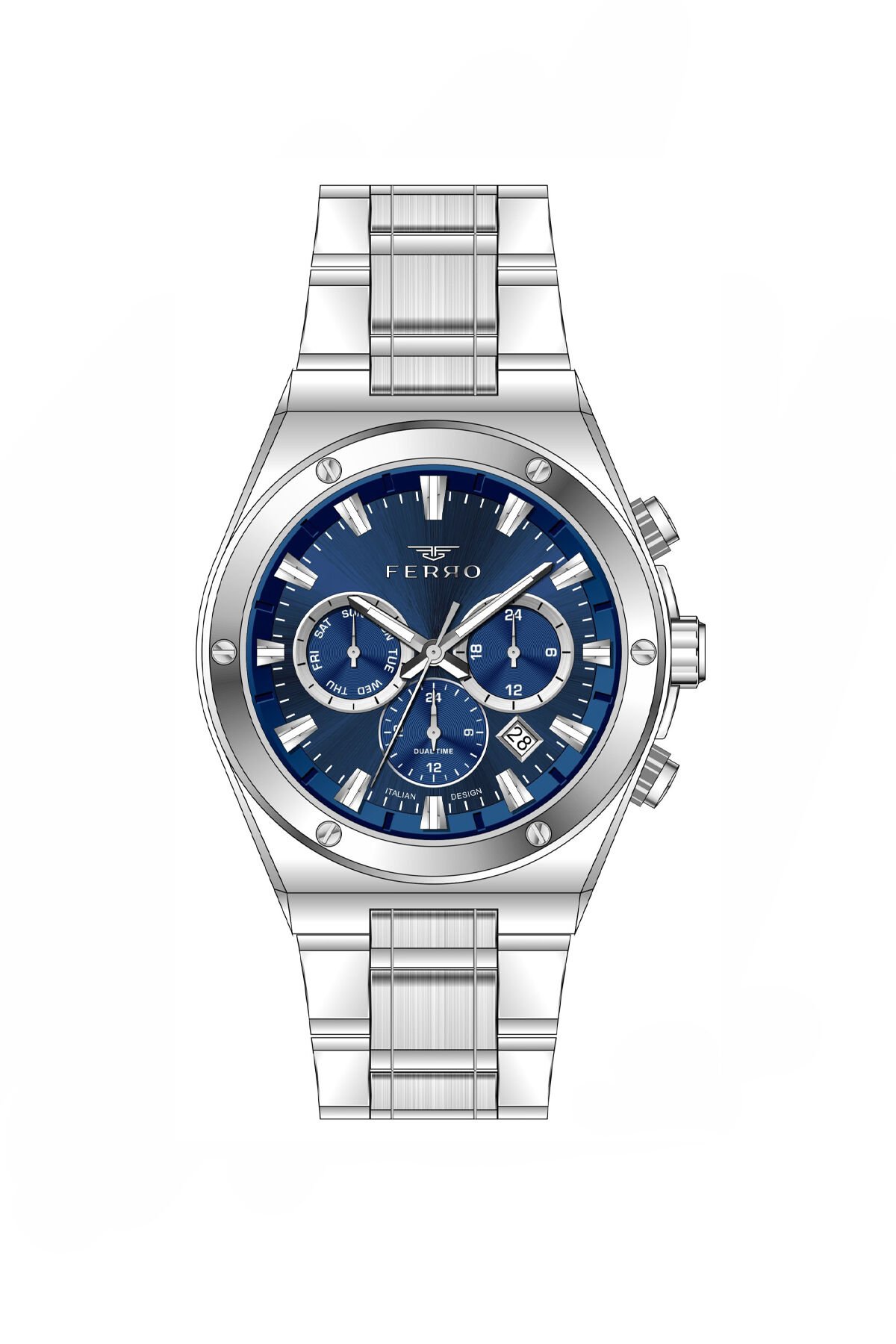 Ferro Gümüş Çelik Kordon Erkek Kol Saati FM11776A-A3 Tüm Fonksiyonları Aktif 3 ATM Su Geçirmez