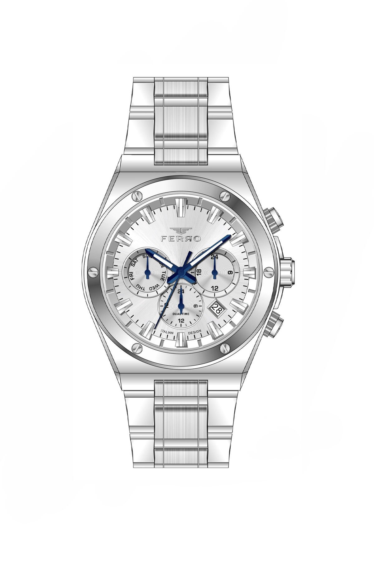 Ferro Gümüş Çelik Kordon Erkek Kol Saati FM11776A-A Tüm Fonksiyonları Aktif 3 ATM Su Geçirmez