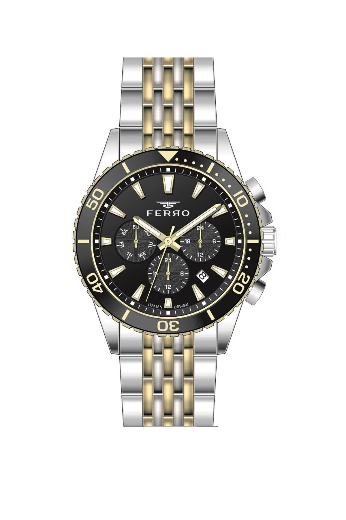 Ferro Sarı ve Gümüş Çelik Kordon Erkek Kol Saati FM11751AWT-D2 Fonksiyonları Aktif 3 ATM Su Geçirmez