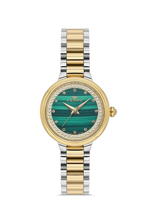 Ferro FL21493A-D6 Quartz Çelik Altın/Gri Yeşil Kadran 28 mm Kadın Kol Saati
