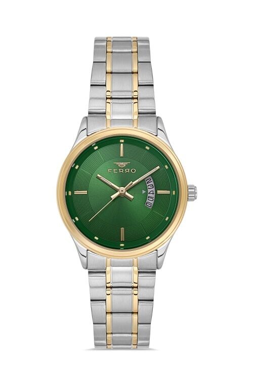 Ferro Quartz Çelik Altın/Gri Yeşil Kadran 31 mm Kadın Kol Saati