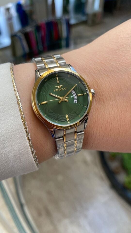 Ferro Quartz Çelik Altın/Gri Yeşil Kadran 31 mm Kadın Kol Saati