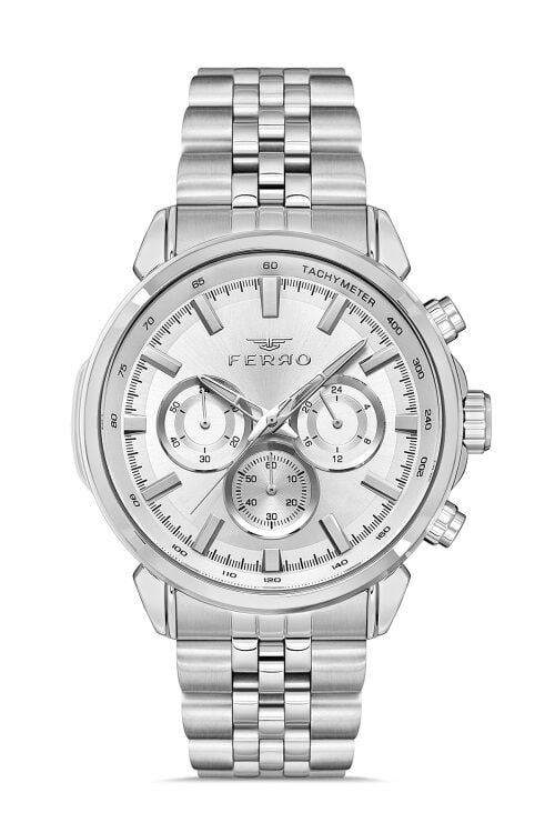 Ferro Gümüş Çelik Kordon Erkek Kol Saati FM11375A-A Fonksiyonları Aktif 3ATM Su Geçirmez HediyePaket