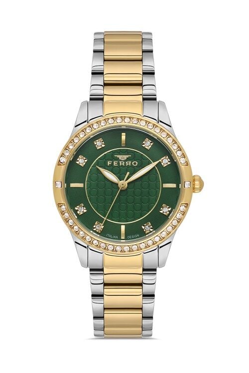 Ferro FL21501AWT-D6 Quartz Çelik Altın/Gri Yeşil Kadran 32 mm Kadın Kol Saati
