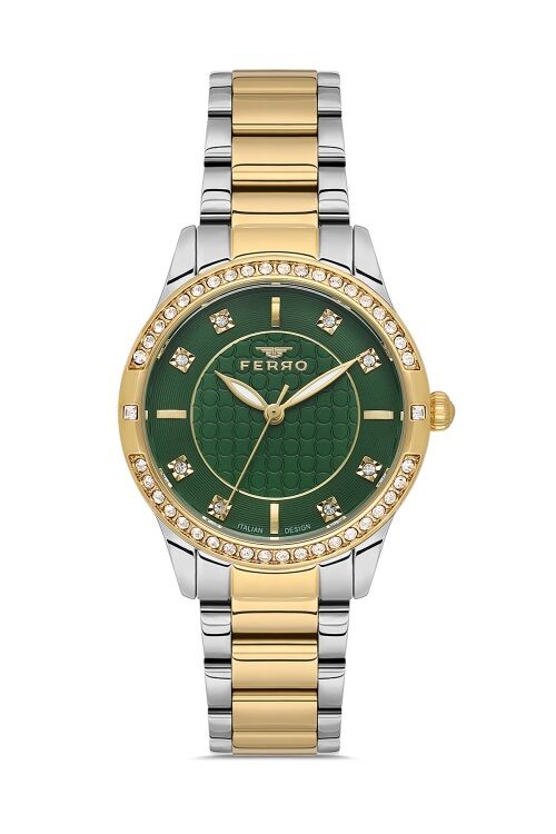 Ferro FL21501AWT-D6 Quartz Çelik Altın/Gri Yeşil Kadran 32 mm Kadın Kol Saati