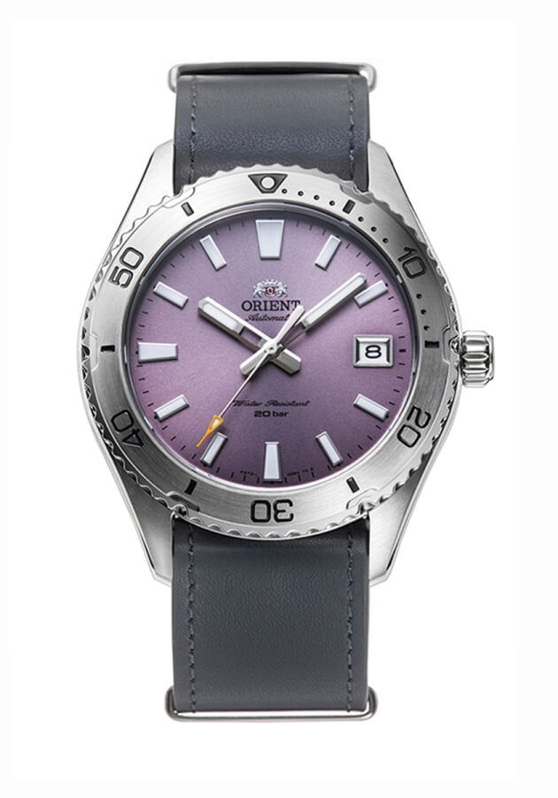 Orient RA-AC0Q07V30B Kurmalı Otomatik Deri Gri Mor Kadran Safir Cam 20 ATM 40 mm Erkek Kol Saati