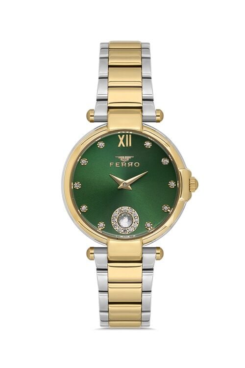 Ferro Quartz Çelik Altın/Gri Yeşil Kadran 33 mm Kadın Kol Saati