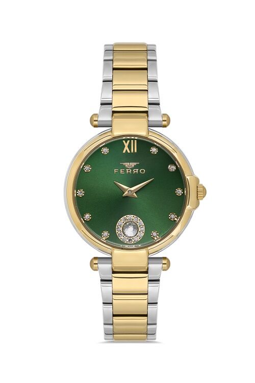 Ferro Quartz Çelik Altın/Gri Yeşil Kadran 33 mm Kadın Kol Saati