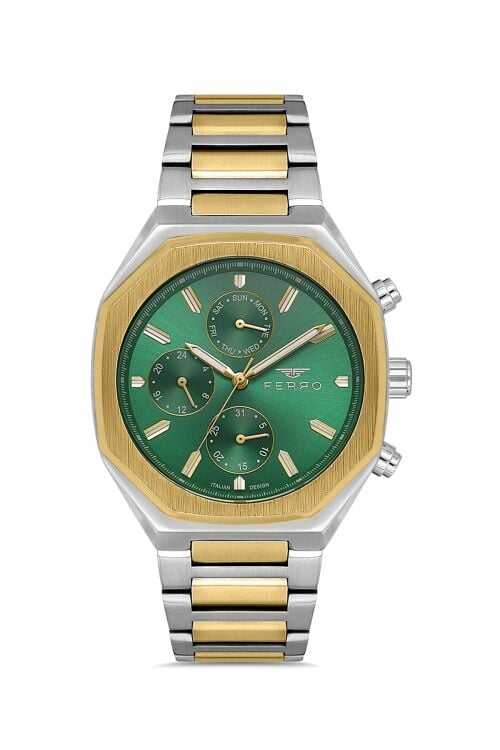 Ferro Sarı ve Gümüş Çelik Kordon Erkek Kol Saati FM11522AWT-D2 Fonksiyonları Aktif 3ATM Su Geçirmez