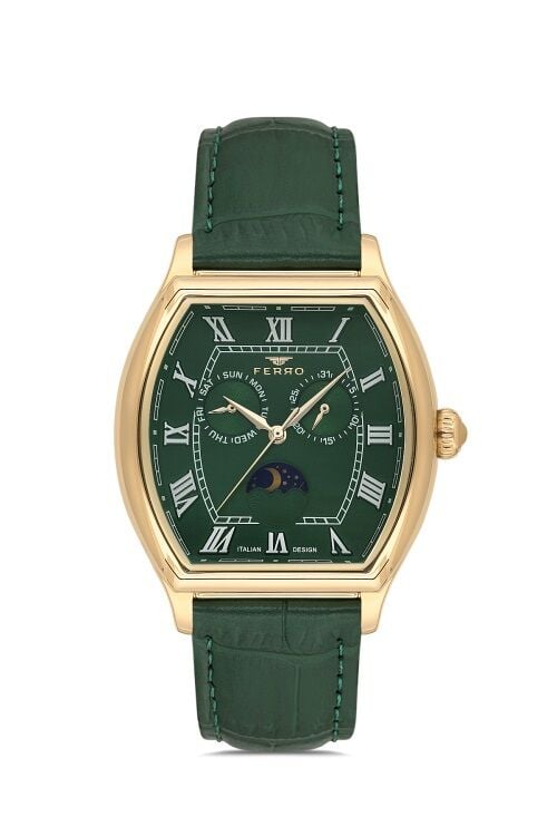 Ferro Yeşil Deri Kordon Erkek Kol Saati FM40125B-N10 Tüm Fonksiyonlar Aktif 3 ATM Su Geçirmez