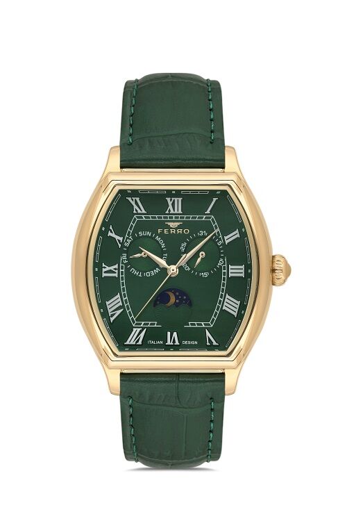 Ferro Yeşil Deri Kordon Erkek Kol Saati FM40125B-N10 Tüm Fonksiyonlar Aktif 3 ATM Su Geçirmez