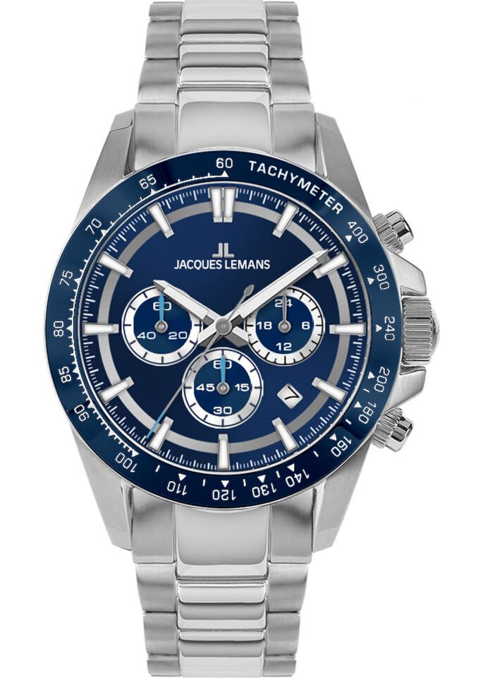 Jacques Lemans 1-2207C Liverpool Chronograph Quartz Çelik Gri Mavi Kadran 20 ATM 43 mm Erkek Kol Saati