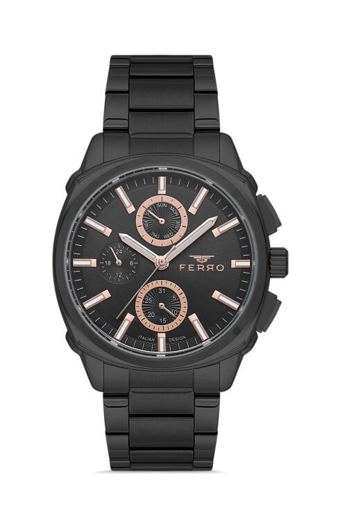 Ferro Siyah Çelik Kordon Erkek Kol Saati FM40126A-G Tüm Fonksiyonlar Aktif 3 ATM Su Geçirmez