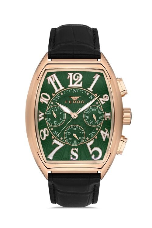 Ferro Quartz Deri Siyah Yeşil Kadran 42 mm Erkek Kol Saati