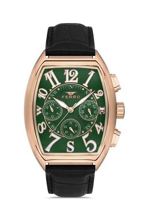 Ferro Quartz Deri Siyah Yeşil Kadran 42 mm Erkek Kol Saati