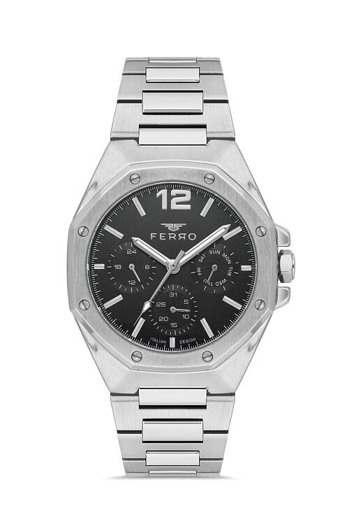 Ferro Quartz Çelik Gri Siyah Kadran 42 mm Fonksiyonları Aktif Erkek Kol Saati
