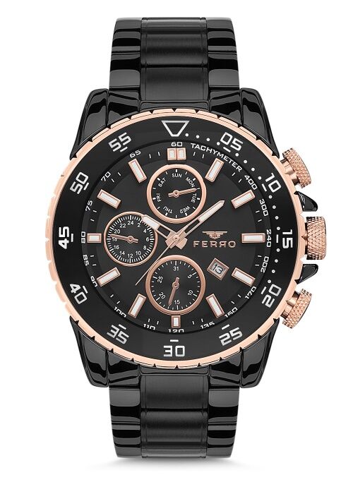 Ferro FM1542A-R Quartz Siyah Çelik Kordon 45 mm Erkek Kol Saati