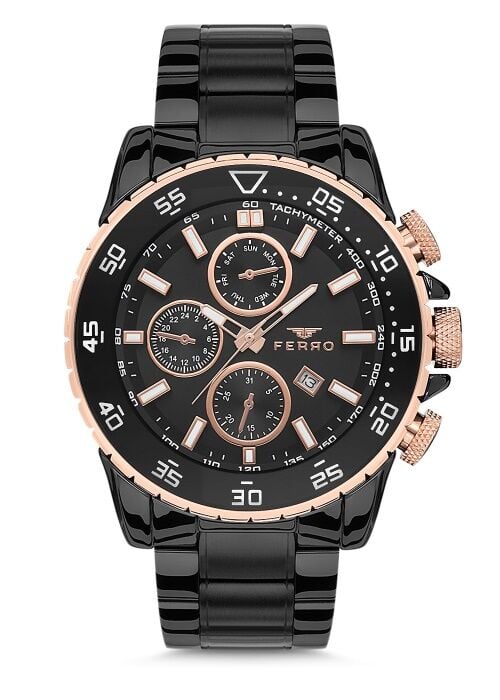Ferro FM1542A-R Quartz Siyah Çelik Kordon 45 mm Erkek Kol Saati