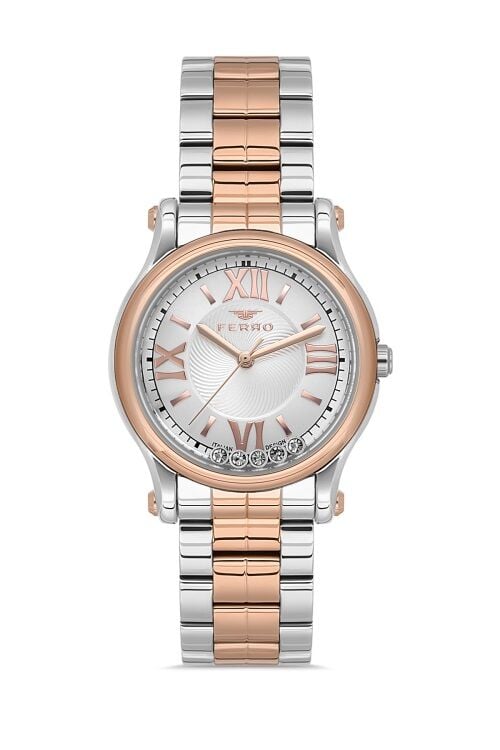 Ferro Rose ve Gümüş Çelik Kordon Kadın Kol Saati FL21478AWT-E 3ATM Su Geçirmez 2 Yıl Garantili
