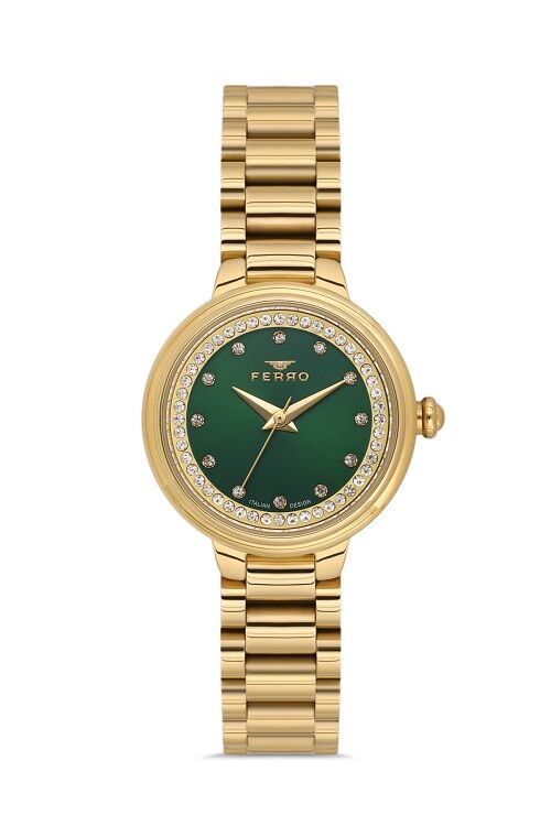 Ferro Quartz Çelik Altın Rengi Yeşil Kadran 28 mm Kadın Kol Saati