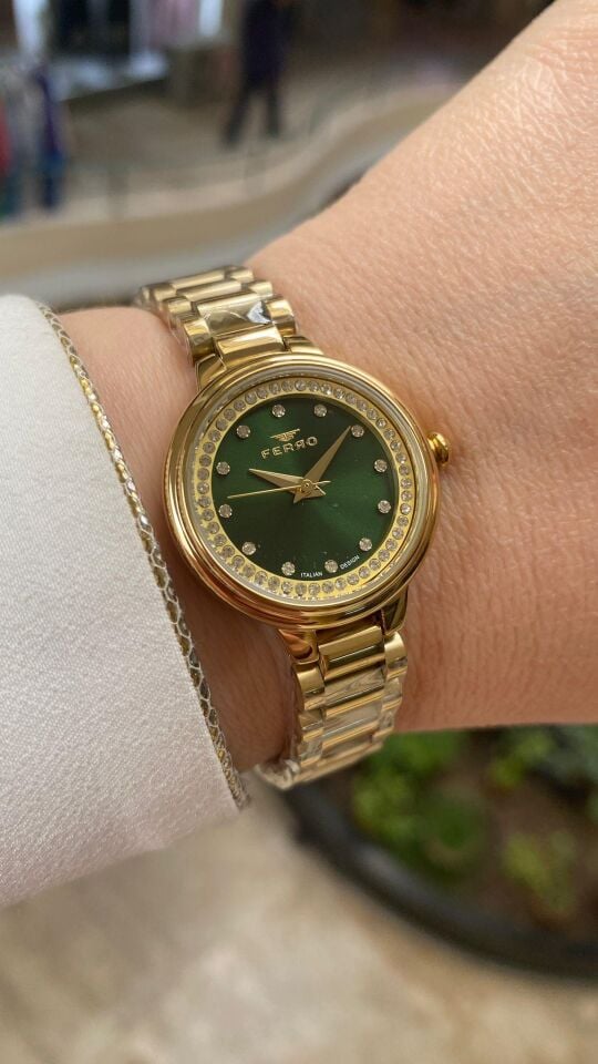 Ferro Quartz Çelik Altın Rengi Yeşil Kadran 28 mm Kadın Kol Saati
