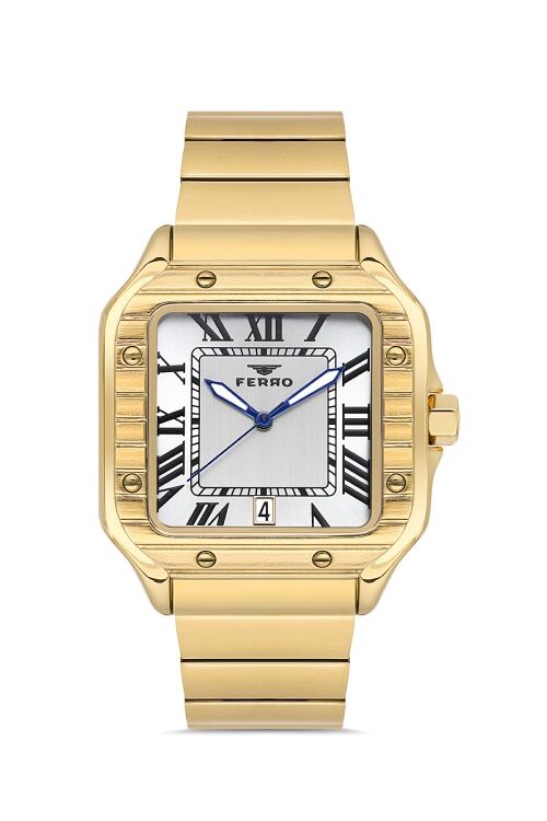 Ferro Quartz Çelik Altın Rengi Köşeli Kasa 40 mm Erkek Kol Saati