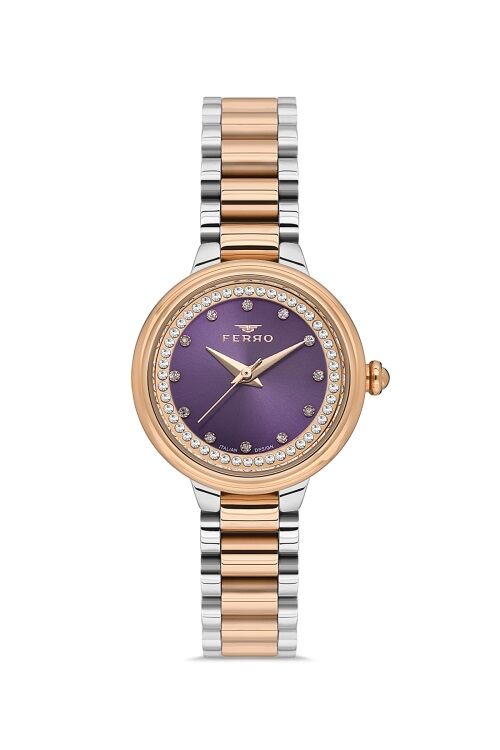 Ferro Quartz Çelik Rose/Gri Mor Kadran 28 mm Kadın Kol Saati
