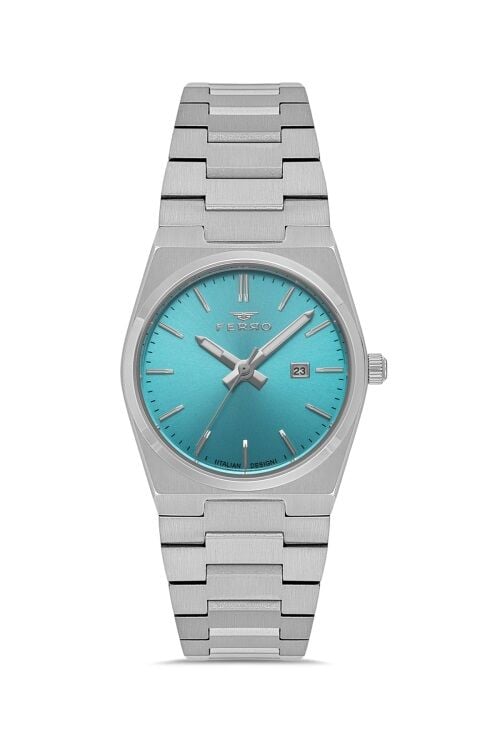 Ferro Quartz Çelik Gri Turkuaz Kadran 32 mm Kadın Kol Saati
