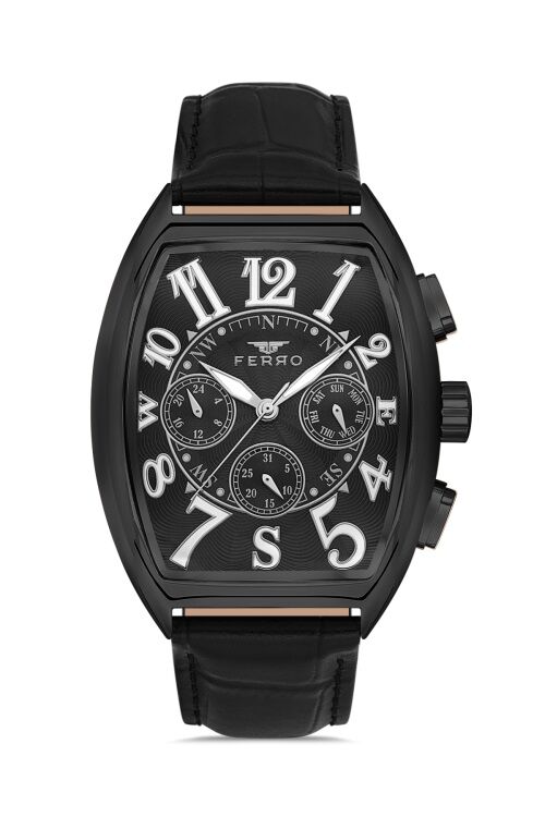 Ferro Siyah Deri Kordon Erkek Kol Saati FM11447B-G Fonksiyonları Aktif 3ATM Su Geçirmez HediyePaket