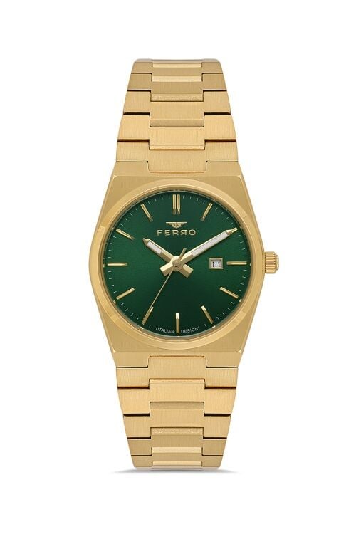 Ferro Quartz Çelik Altın Rengi Yeşil Kadran 32 mm Kadın Kol Saati