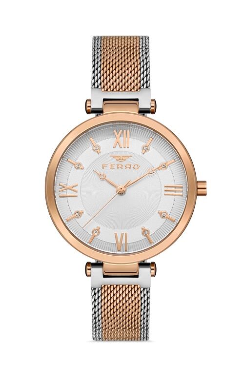 Ferro 34 mm Rose ve Gümüş Hasır Kordon Kadın Kol Saati F21232C-E F21232C-E