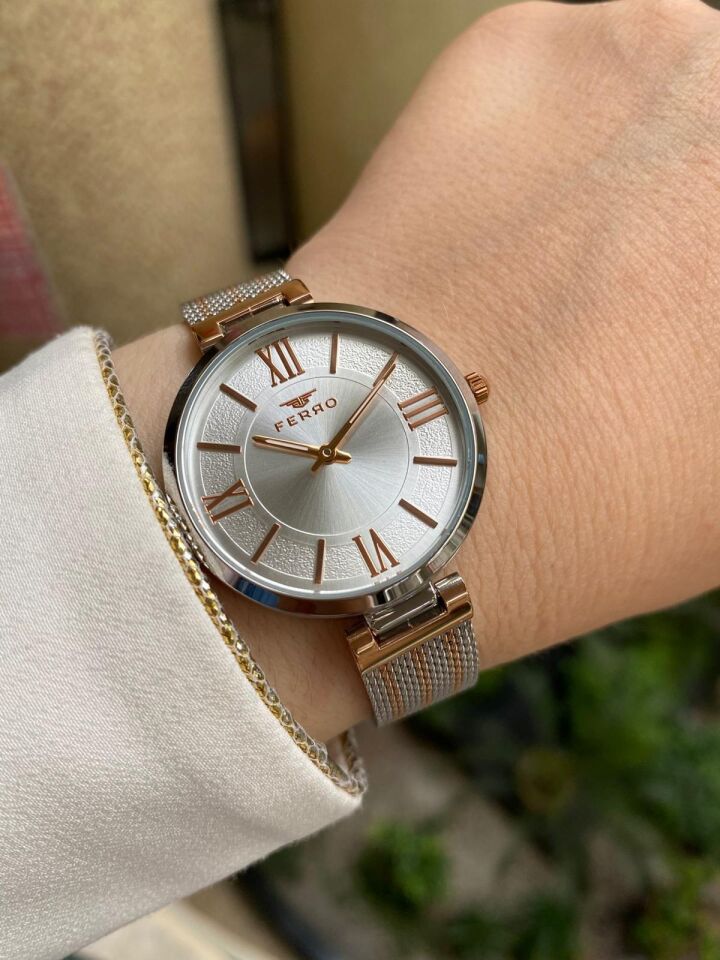 Ferro 34 mm Rose ve Gümüş Hasır Kordon Kadın Kol Saati F21232C-E F21232C-E