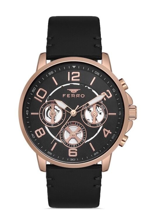 Ferro Siyah Deri Kordon Erkek Kol Saati FM11146B-R Fonksiyonları Aktif 3ATM SuGeçirmez HediyePaketli