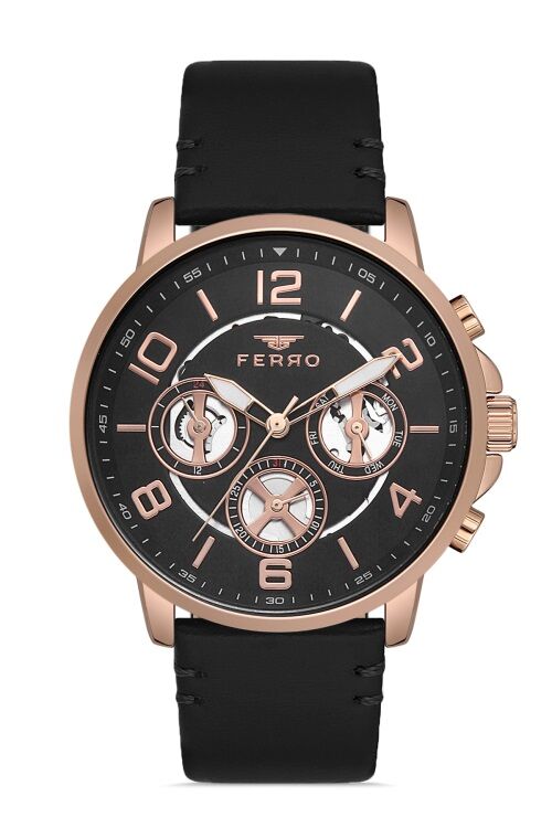 Ferro Siyah Deri Kordon Erkek Kol Saati FM11146B-R Fonksiyonları Aktif 3ATM SuGeçirmez HediyePaketli