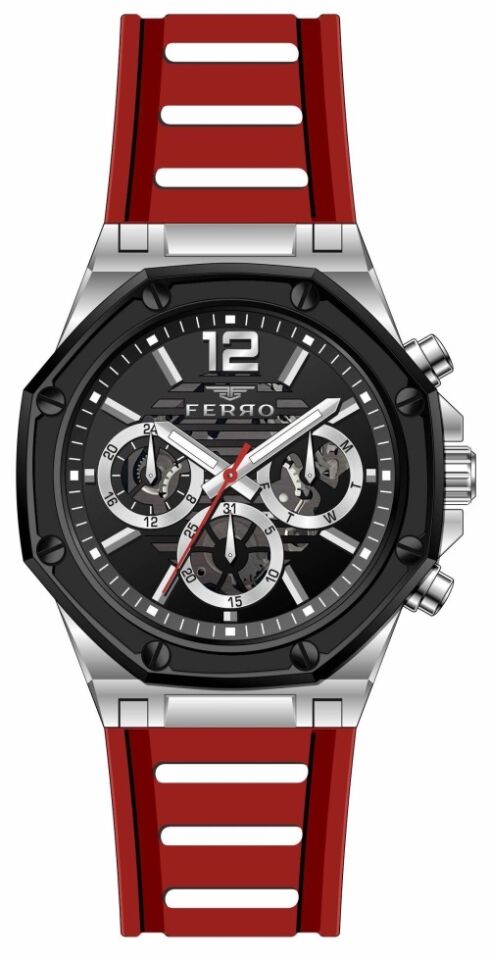 Ferro Kırmızı Çelik Kordon Erkek Kol Saati FM31398A-J8 Tüm Fonksiyonlar Aktif 3 ATM Su Geçirmez